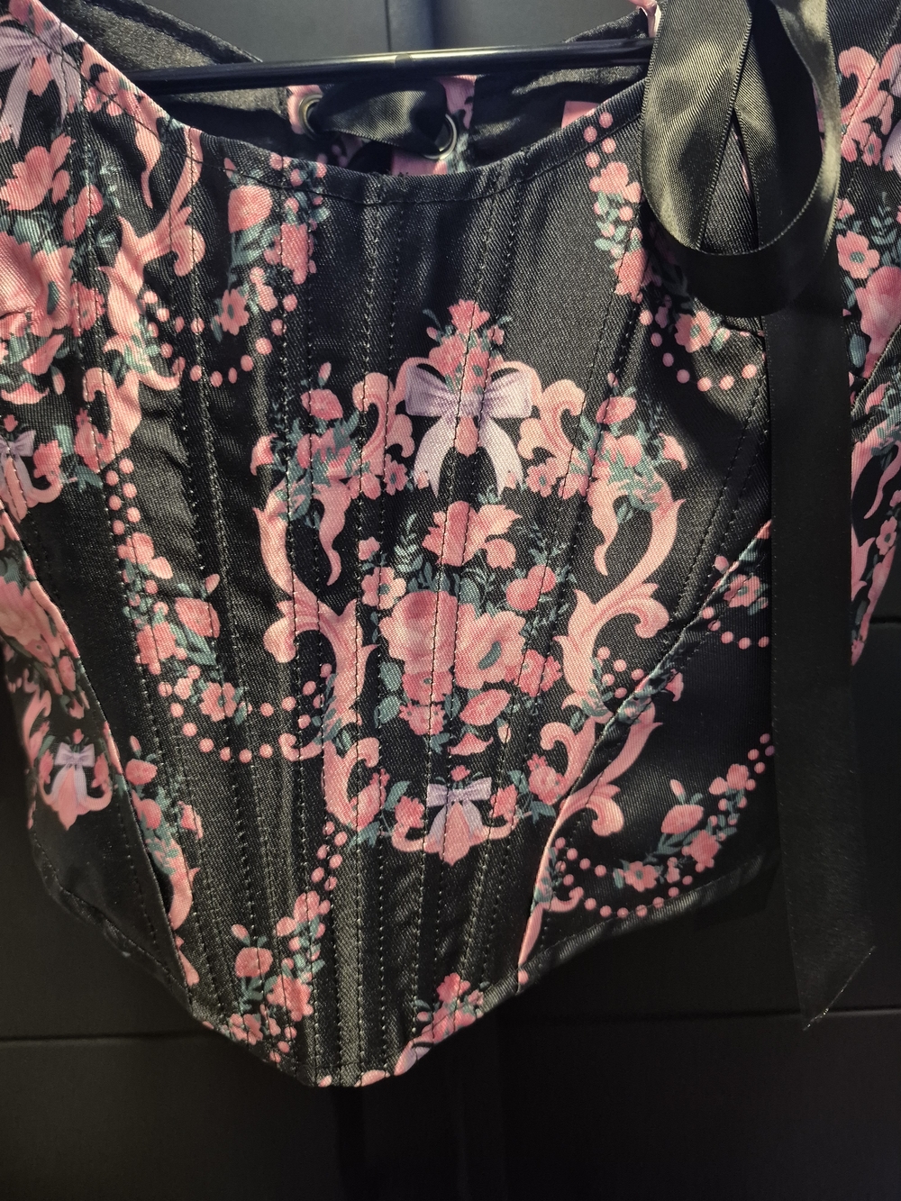 Sugar Thrillz-Black Corset Crop Top with Pink Floral Print - Picture 3 of 5